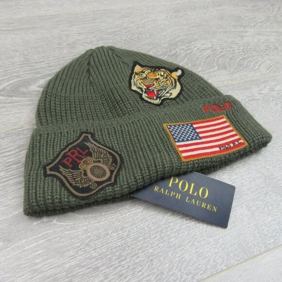 Polo Ralph Lauren Patch RL Tiger USA Green Skull Beanie Cap One Size NEW - Picture 3 of 11